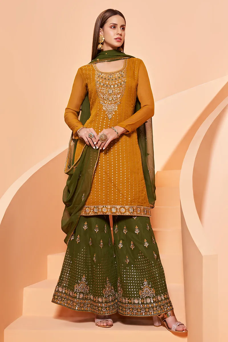 Mustard Designer Pakistani Style Sequins Sharara Suit