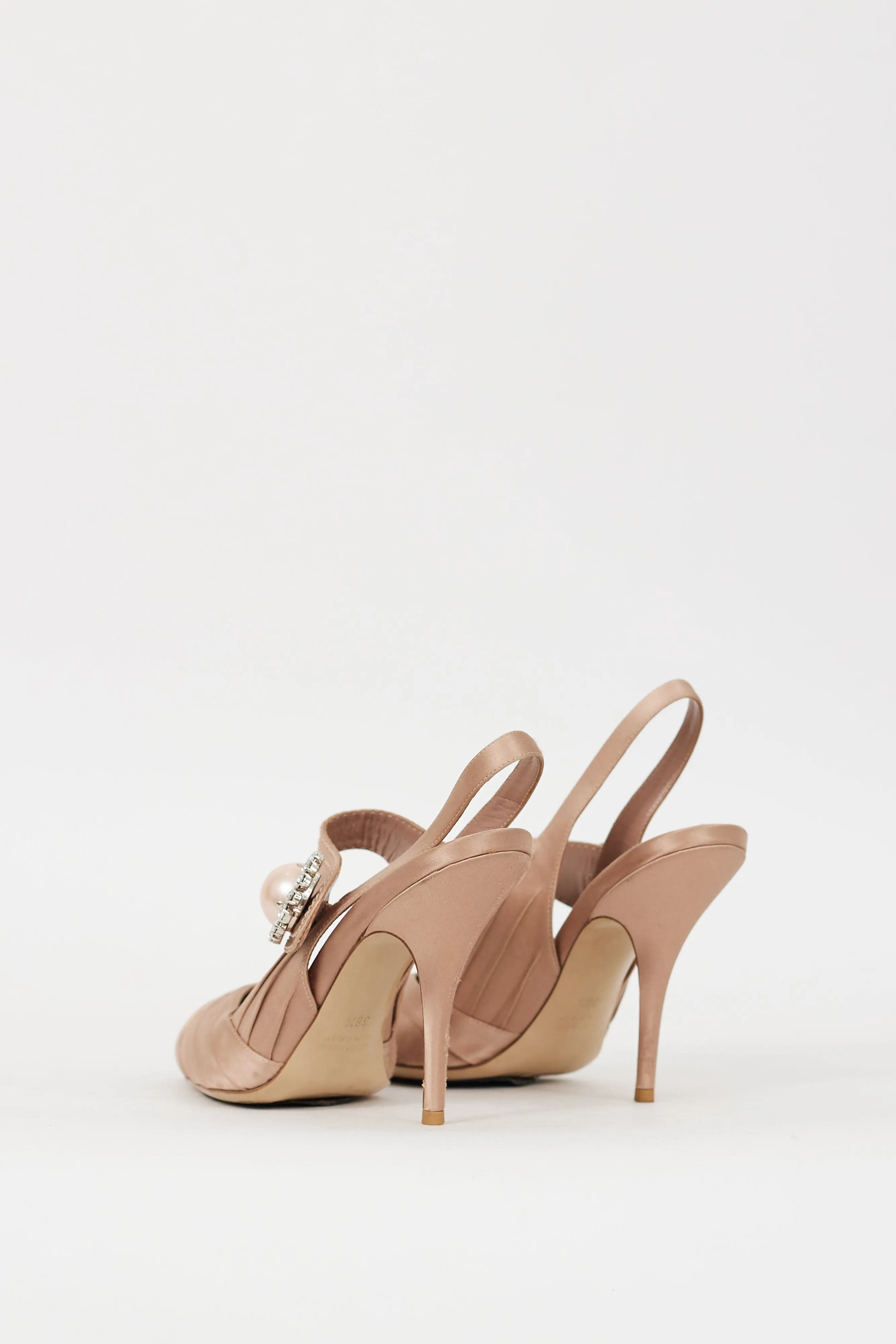 Pink Satin Pleated Brooch Slingback Heel