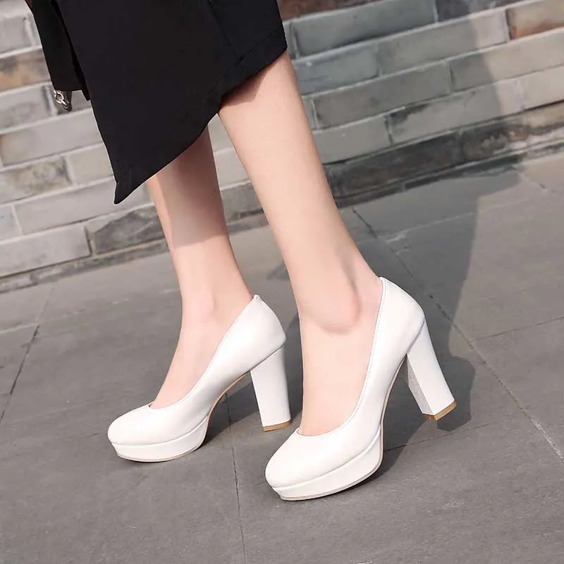 Platform Round Toe High Heel Pumps Chunky High Dress Shoes