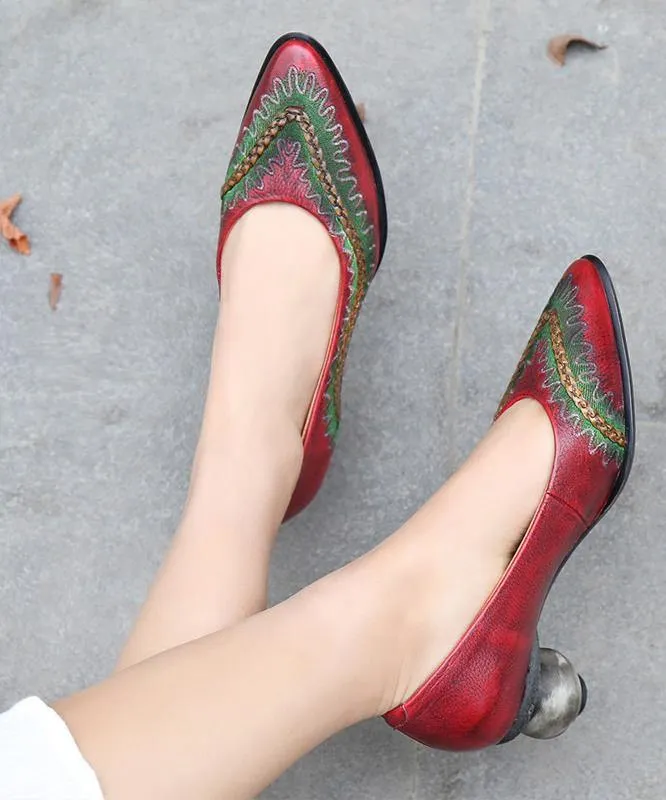 Red High Heels Chunky Genuine Leather Plus Size Pointed Toe High Heels