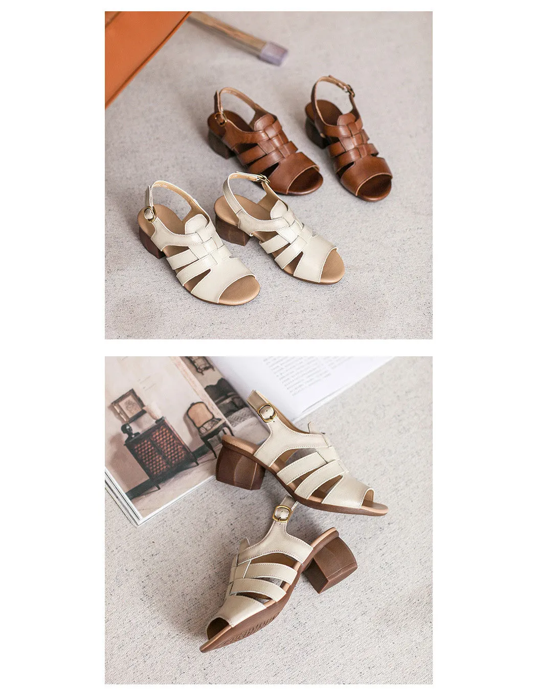 Retro Leather Open Toe Chunky Heels Sandals Slingback