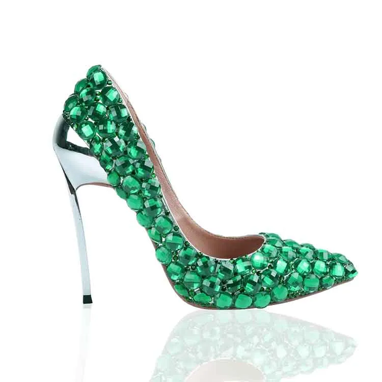 Rhinestone Pointed Toe Stiletto Heels Crystal Green Shoes Metal Heels