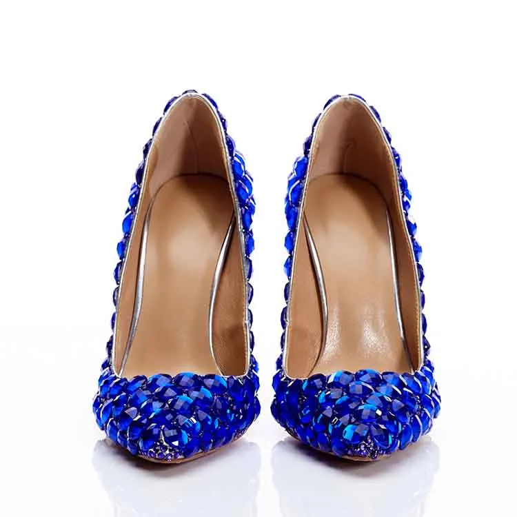 Royal Blue Rhinestone Wedding Pumps Women High Heels Crystal Shoes