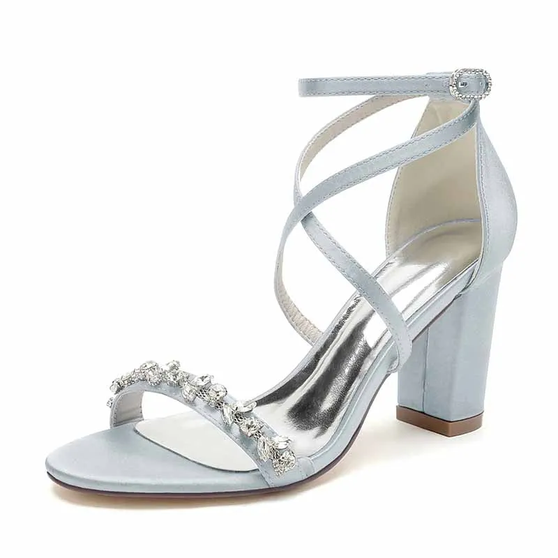 Satin Bridal Wedding Shoes Rhinestones High Heels Buckle Chunky Heels Ankle Strap Pointy Toe Pumps