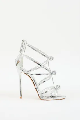 Silver Leather Rhinestone Ball Heel