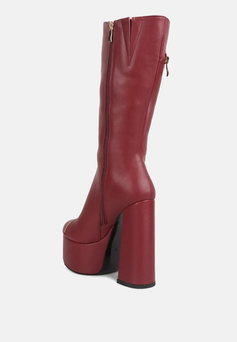 Tzar Faux Leather High Heeled Platfrom Calf Boots