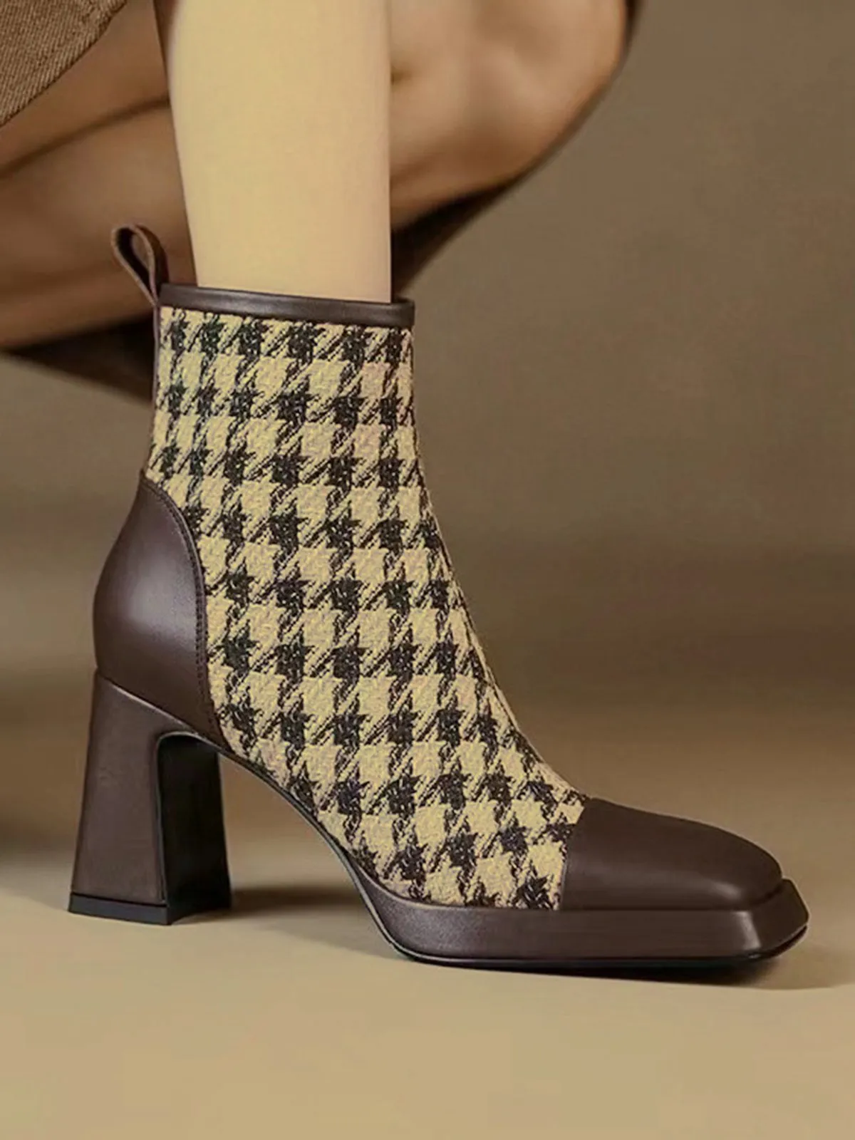 Vintage Houndstooth Chunky Heel Ankle Boots