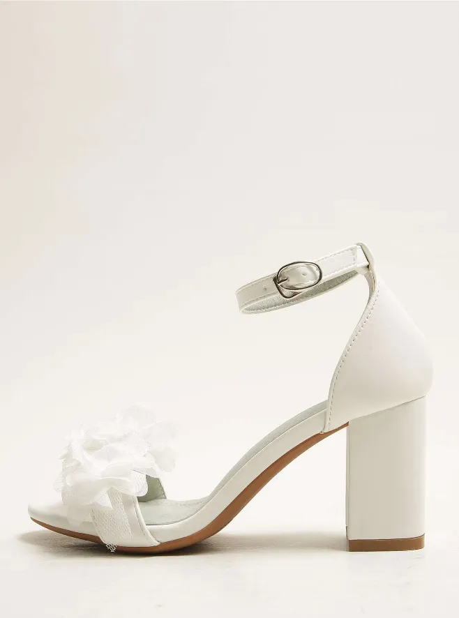 White Chiffon Floral Chunky High Heels