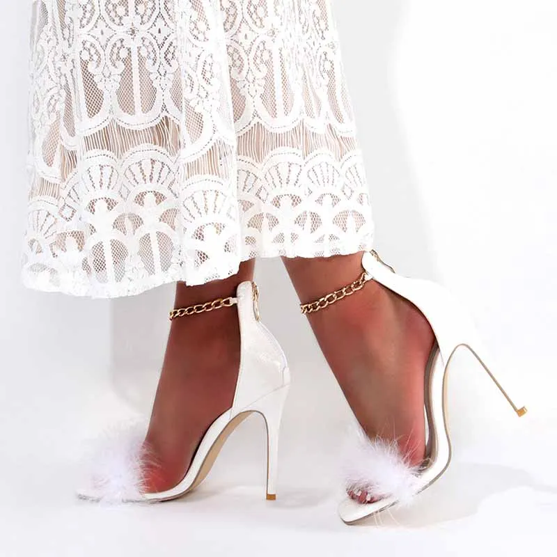 White Fluffy High Heels Sandals Shoes for a Lady to Wear to a Summer Party