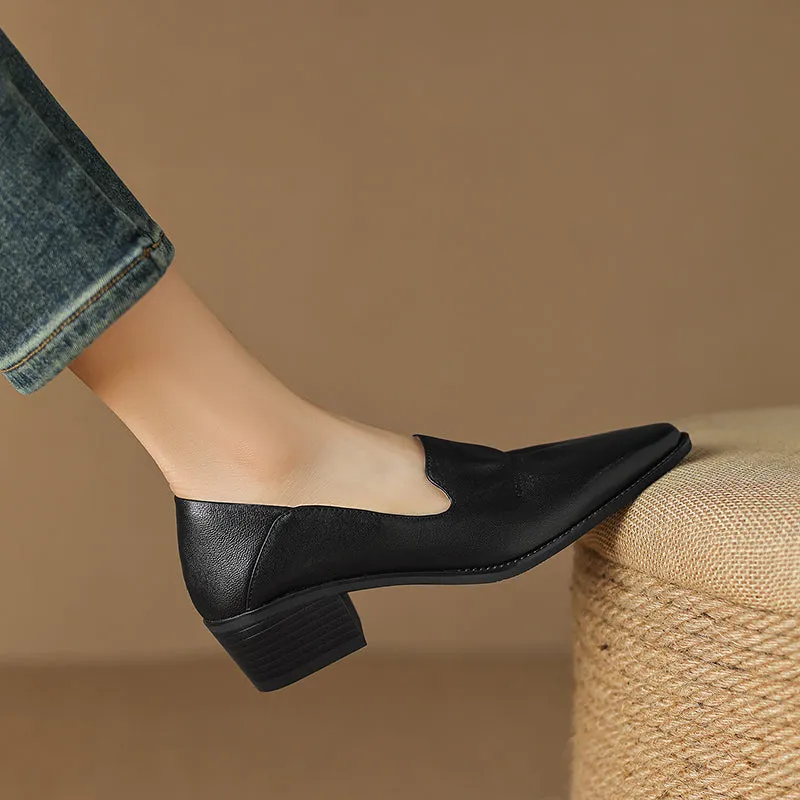 Women's Handmade Pointed Toe Block Heels Loafers Shoes