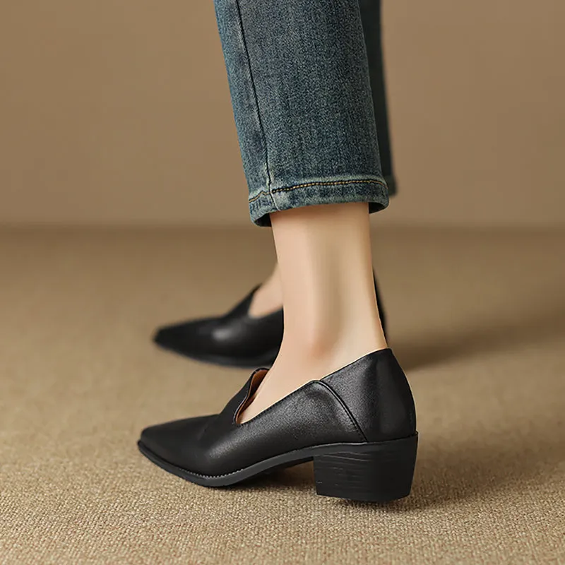 Women's Handmade Pointed Toe Block Heels Loafers Shoes